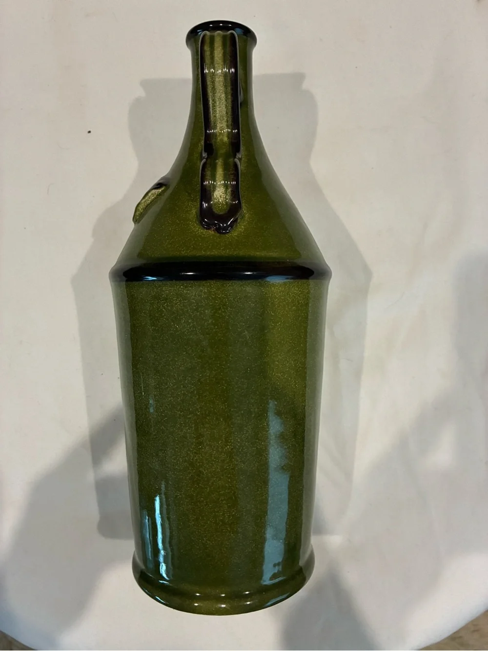 Neiman Marcus Olive Green Glazed Ceramic Vase Base w/Grappa on Front of Vessel